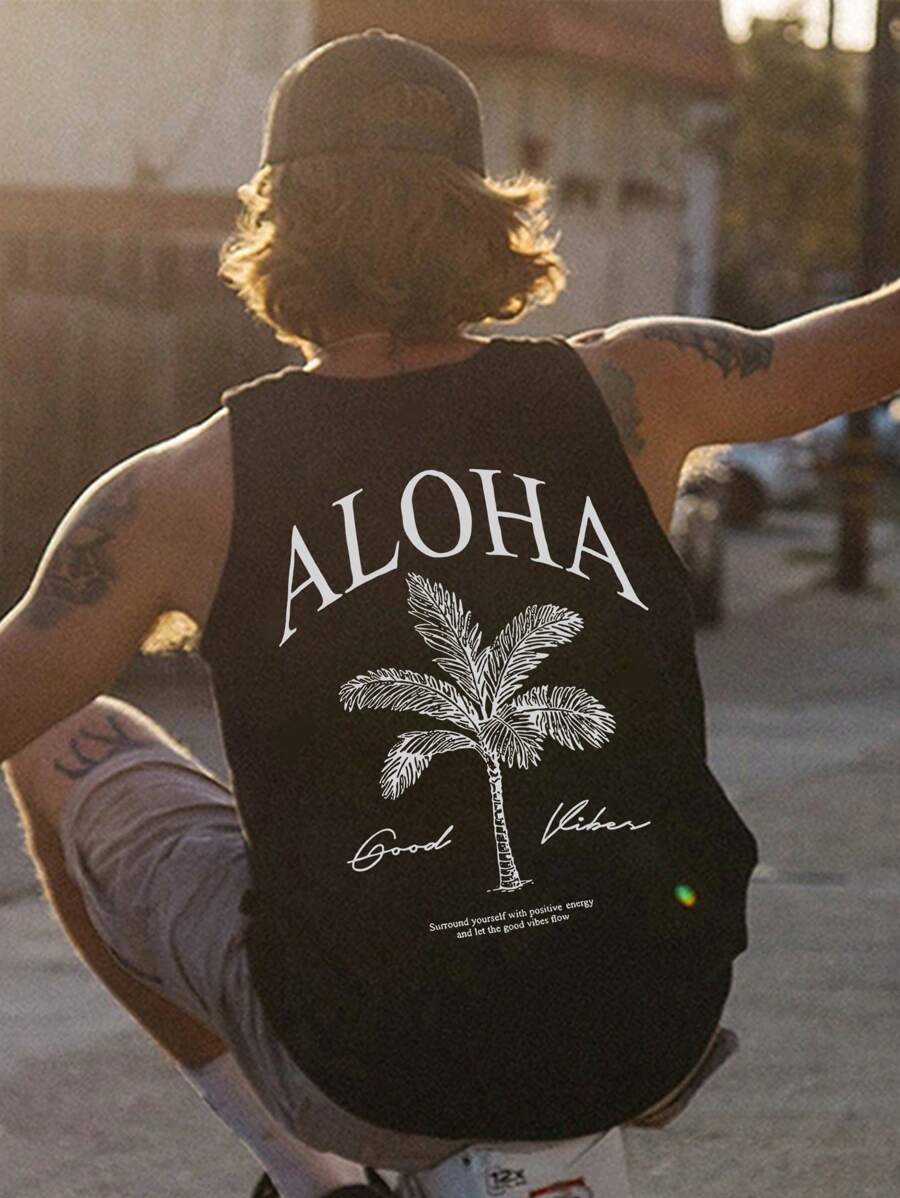 Men's Vacation Casual Coconut Tree Slogan Printed Tank Top - Black - View 1