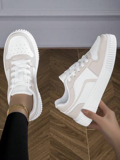 Women's Fashion Casual Shoes Low-Top Flat Lace-Up Breathable Color Matching Sports Shoes Lightweight And Comfortable Skateboard Shoes, White Shoes For Women