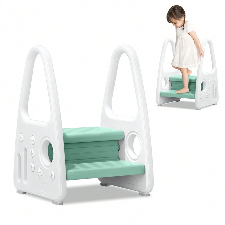 VA-Cerulean Step Stool For Toddlers Step Stool With 2 Steps Plastic Standing Children's Stool Safety Step Ladder For Bathroom Children's Room Kitchen Bedroom, Grey / Pink / Green - 綠色 - 查看 1