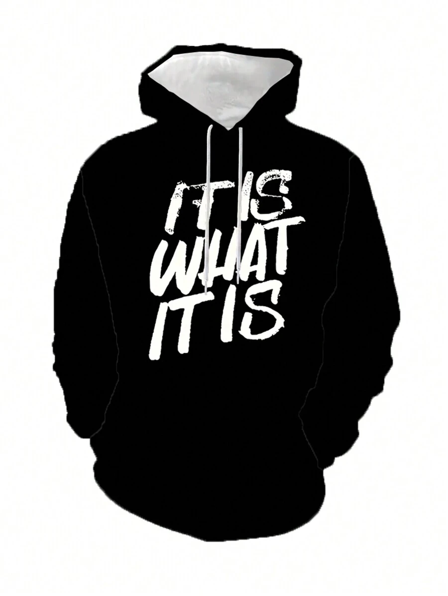 Men Plus Size Black IT IS WHAT IT IS Text 3D Printed Fashion Casual Hoodie Autumn Winter, Long Sleeve Top - Black - View 1