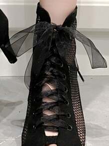High-Heeled Peep-Toe Hollow Elegant Ribbon Cross-Strap Women Mesh Fashion Boots - Black - View 2