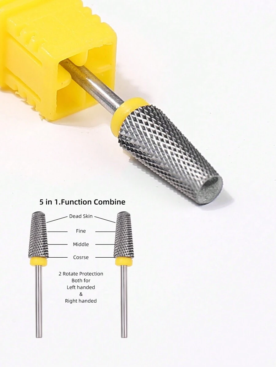 Nueva herramienta de 5 en 1 de acero de tungsteno con cabeza plana, etiqueta amarilla con dientes cruzados, dientes finos - Herramienta para lijar uñas y eliminar callosidades para mano izquierda y derecha, compatible con máquina de pulido eléctrica - 1 pieza - Amarillo - Ver 1