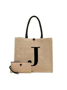 2pcs Set Minimalist Initial Print Linen Tote Bags, Travel Essential, Cosmetic Bag, Large Capacity Travel Makeup Bag, Multifunctional Portable Handbag, Teacher's Day Gift, Birthday, Holiday, Back To School, Beach, Travel, Commute, Business, Student, Picnic, Camping, Supermarket, Daily Use Linen Bag, Best Christmas Gift For Teachers, Beach Vacation, Shopping And Holiday Essential, Best Teacher's Day Gift - Khaki - View 29