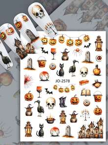 6pcs Halloween Cute Skull, Bat & Pumpkin Cartoon Nail Art Stickers With Classic Elements, 3D Self-Adhesive Nail Decals, Suitable For Women And Girls DIY - Multicolor - View 7