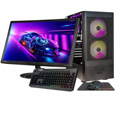 Gigatech Gaming Apollo 5 Gaming PC Desktop Monitor Bundle - AMD Ryzen 5 5500 4.2GHz 6-Core, NVIDIA RTX 3050 GPU Graphics Card, 16gb DDR4 3200MHz, 512GB SSD, RGB, Windows 11, Wi-Fi, ASUS 22" 1080p 75hz Monitor, Mouse + Keyboard + Mousepad