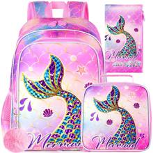 3PCS Kids Backpacks For Girls, 16" Little Kid Mermaid Backpack Preschool Elementary School Bookbag And Lunch Box -Mermaid Pink - Hồng - Xem 1