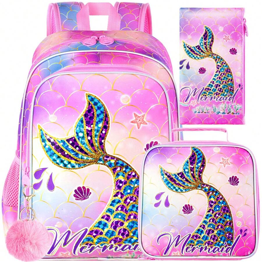 3PCS Kids Backpacks For Girls, 16" Little Kid Mermaid Backpack Preschool Elementary School Bookbag And Lunch Box -Mermaid Pink - Hồng - Xem 1