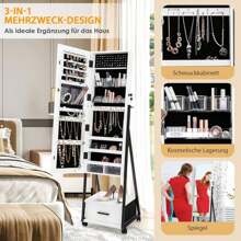 Jewelry Cabinet With Mirror, 360° Rotating Mirror Cabinet With Drawer, Lockable Jewelry Storage With Wheels (White) - 白色 - 查看 4