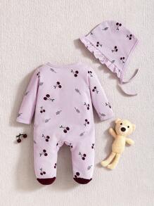 2 件套新生女婴睡衣套装 - 樱桃印花全袖连脚睡衣带帽子，基本款家居服