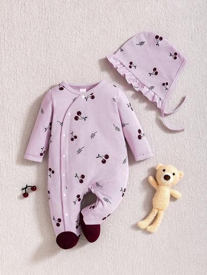 2pcs Newborn Baby Girl Sleepwear Set - Cherry Print Full Sleeve Footie Pajamas With Hat, Basic Homewear Outfit