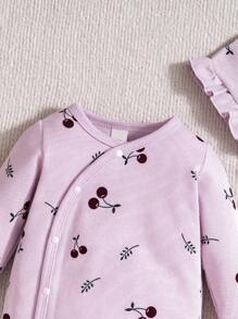 2 件套新生女婴睡衣套装 - 樱桃印花全袖连脚睡衣带帽子，基本款家居服