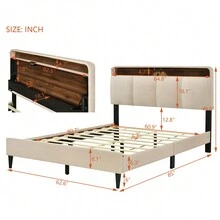 Queen Size Platform Bed Frame With Storage Headboard, USB Ports & Power Outlets, Sensor Light, Easy Assembly,  Linen Fabric, Sturdy Wood Slat Support, No Box Spring Needed - 米色 - 查看 4