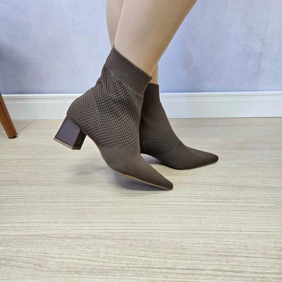 Kinit Women's Low Block Heel Medium Elastic Sock Boot - 鏽棕色 - 查看 1