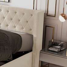 KOMHTOM Letto imbottito, letto matrimoniale idraulico, letto contenitore, velluto, 140*200 cm - Beige - Visualizzare 5
