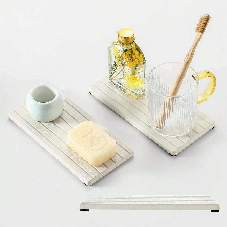 2 Khay để đồ bồn rửa, Khay để xà phòng rửa chén bằng đá diatomite, Giá để miếng bọt biển, Thảm thấm nước đựng cây, Chai đựng mỹ phẩm Trang trí phòng tắm Nhà cửa, Giá để đồ phòng tắm Mùa hè trở lại trường - Màu be - Xem 1