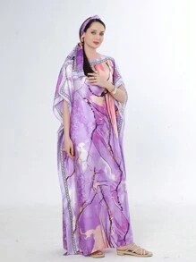1 件女式沙滩配饰涂鸦紫色印花仿丝宽松沙滩罩衫和服长袍旅行适用 - 紫色 - 查看 4