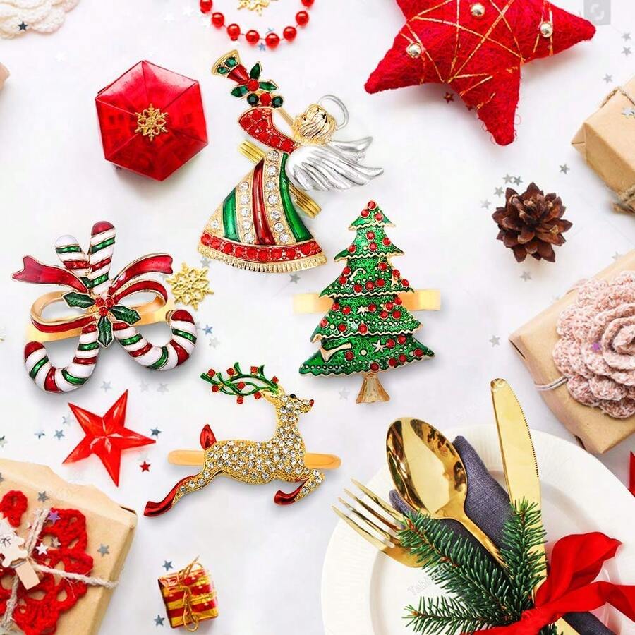 1/4/6 Chiếc Vòng Đựng Khăn Ăn Hình Cây Xanh Cho Bàn Ăn - Tiệc Cưới, Vòng Đựng Khăn Ăn Hình Vòng Hoa Ông Già Noel Kẹo Mía Thiết Kế Tuần Lộc Vòng Đựng Khăn Ăn Cho Bữa Tiệc Ngày Lễ Trang Trí Bàn Ăn - Nhiều màu - Xem 1