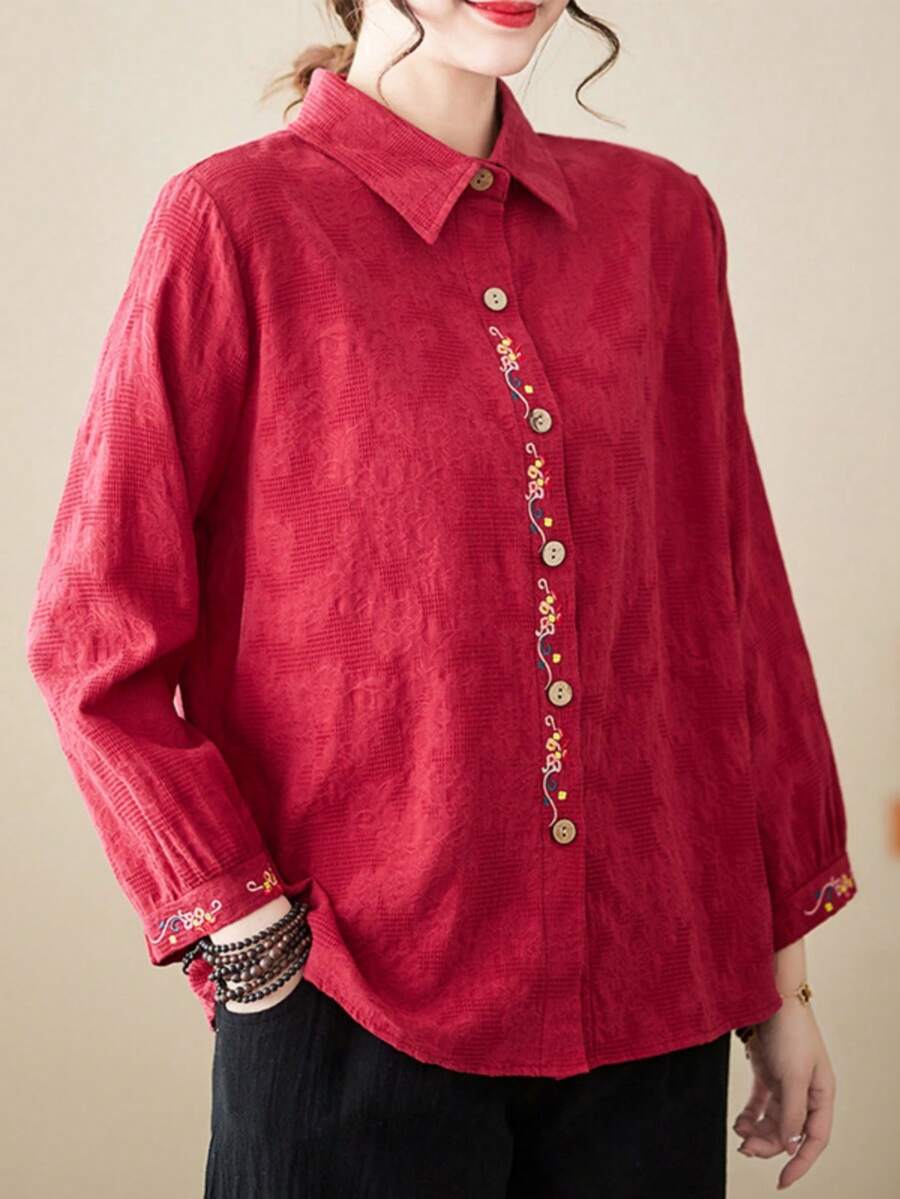 Chemise en lin brodée pour femme avec col à revers et manches 3/4 - Rouge - Voir 1