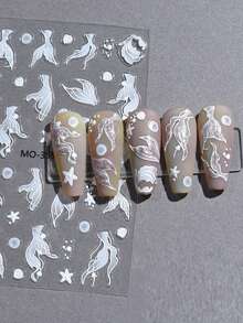 海洋主题指甲贴纸，海洋生物极光浮雕美人鱼尾巴海星贝壳设计指甲贴花滑块，自粘式夏季美甲用品用于美甲装饰，女士和女孩 DIY 美甲用品 - 彩色 - 查看 10