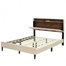 Queen Size Platform Bed Frame With Storage Headboard, USB Ports & Power Outlets, Sensor Light, Easy Assembly,  Linen Fabric, Sturdy Wood Slat Support, No Box Spring Needed - 米色 - 查看 3