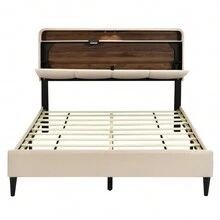 Queen Size Platform Bed Frame With Storage Headboard, USB Ports & Power Outlets, Sensor Light, Easy Assembly,  Linen Fabric, Sturdy Wood Slat Support, No Box Spring Needed - 米色 - 查看 2
