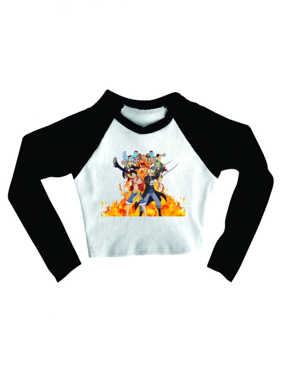 Cropped Raglan Winter Feminino Tumblr Blogger Class One Piece 10 Feminino Long Sleeve - 黑與白 - 查看 1