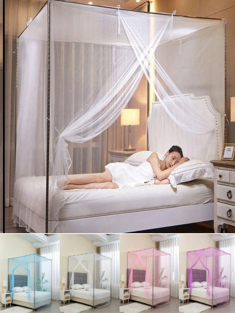 1 件装 4 角床顶篷蚊帐全尺寸大号双人床特大号防虫网，白色四角柱学生顶篷床蚊帐双人床大号双人床特大号，适合刚入学的宿舍用品