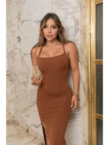 Ribbed Midi Dress With Side Slit - Màu nâu  Mocha - Xem 4