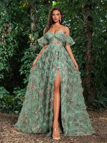 Faeriesty Luxe Back Lace Up Floral Mesh Cake Dress - Green - View 7