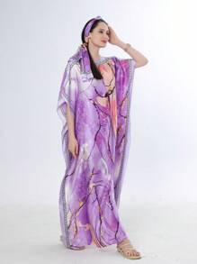 1 件女式沙滩配饰涂鸦紫色印花仿丝宽松沙滩罩衫和服长袍旅行适用 - 紫色 - 查看 1