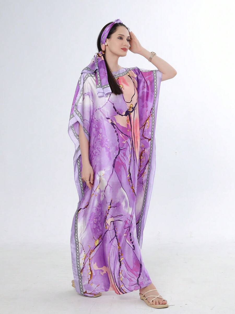 1 件女式沙滩配饰涂鸦紫色印花仿丝宽松沙滩罩衫和服长袍旅行适用 - 紫色 - 查看 1