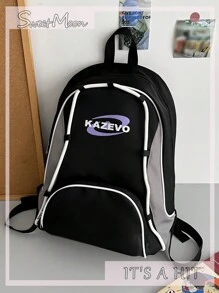 1pc Black Nylon Casual Schoolbag, Large Capacity Foldable Drawstring Zipper Backpack, Suitable For Teenagers, Middle School, High School And College Students, Graduates, Daily Classes, Training, Women, Commuting, Shopping, Travel And Vacation, Back To School And Graduation Gifts