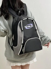 1pc Black Nylon Casual Schoolbag, Large Capacity Foldable Drawstring Zipper Backpack, Suitable For Teenagers, Middle School, High School And College Students, Graduates, Daily Classes, Training, Women, Commuting, Shopping, Travel And Vacation, Back To School And Graduation Gifts