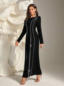 Women's Simple Rhinestone Embellished Round Neck Long Sleeve Dress, Elegant - Black - View 3