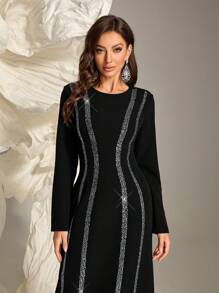Women's Simple Rhinestone Embellished Round Neck Long Sleeve Dress, Elegant - Black - View 1
