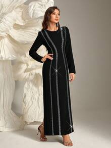 Women's Simple Rhinestone Embellished Round Neck Long Sleeve Dress, Elegant - Black - View 5