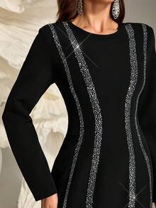 Women's Simple Rhinestone Embellished Round Neck Long Sleeve Dress, Elegant - Black - View 6