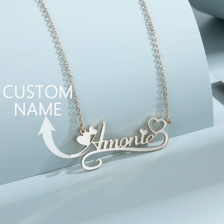 1pc Personalized English Name Necklace, Stainless Steel Heart Pendant, Luxurious Classic Style Customizable Wedding Jewelry Gifts For Women