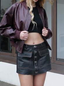 Stylish Autumn Zip Up Pu Leather Bomber Jacket Wine Red - Burgundy - View 2