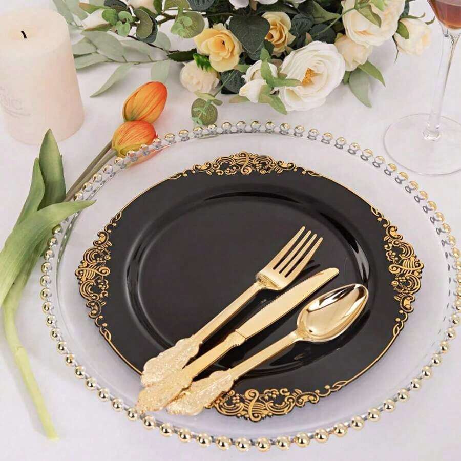 25pcs (10.25in/7.5in) Black Dragon Pattern Dinner Plates For Fruit