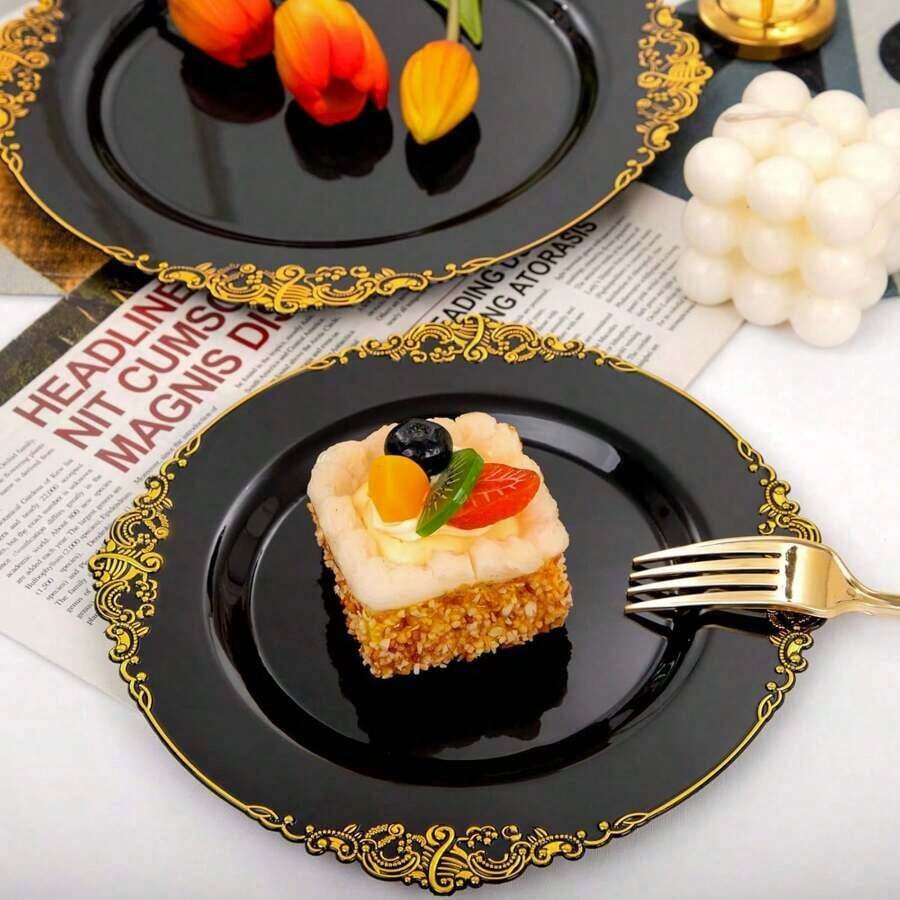 25pcs (10.25in/7.5in) Black Dragon Pattern Dinner Plates For Fruit