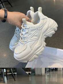 Tenis Chunky De Plataforma Para Mujer, Sneakers Urbanos Versátiles Con Agujetas, Calzado Deportivo Cómodo Y Transpirable Con Aumento De Altura - Blanco - Ver 1