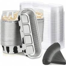 10/50 件迷你面包烤盘，带盖和勺子（6.8 盎司/200 毫升）迷你蛋糕盘，一次性矩形铝箔烤盘罐头容器 - 纸杯蛋糕容器包装纸芝士蛋糕焦糖布丁小模子