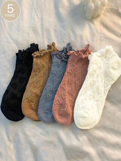 5 pares de meias femininas sortidas meias curtas de renda em forma de coração, meias leves fofas e doces de verão, meias de tornozelo para o dia dos namorados