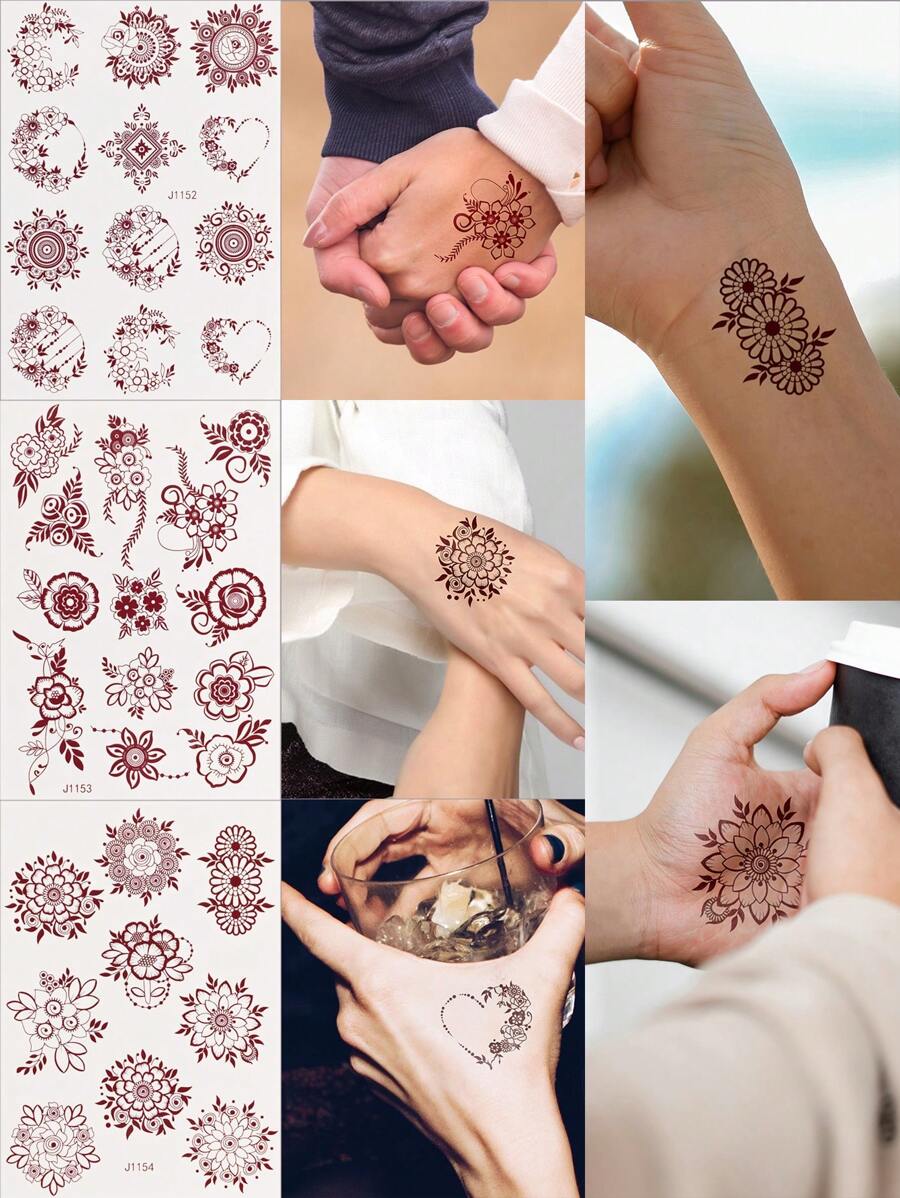 Tiebeauty 3 Sheets Flower Brown Henna Tattoo Sticker Floral Temporary Tattoo Sticker For Henna For Women Girl Body Art Mehndi Designs