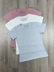 Kit 3 Basic Plain Women's T-Shirt 100% Cotton T-Shirt Blouse - 彩色 - 查看 1
