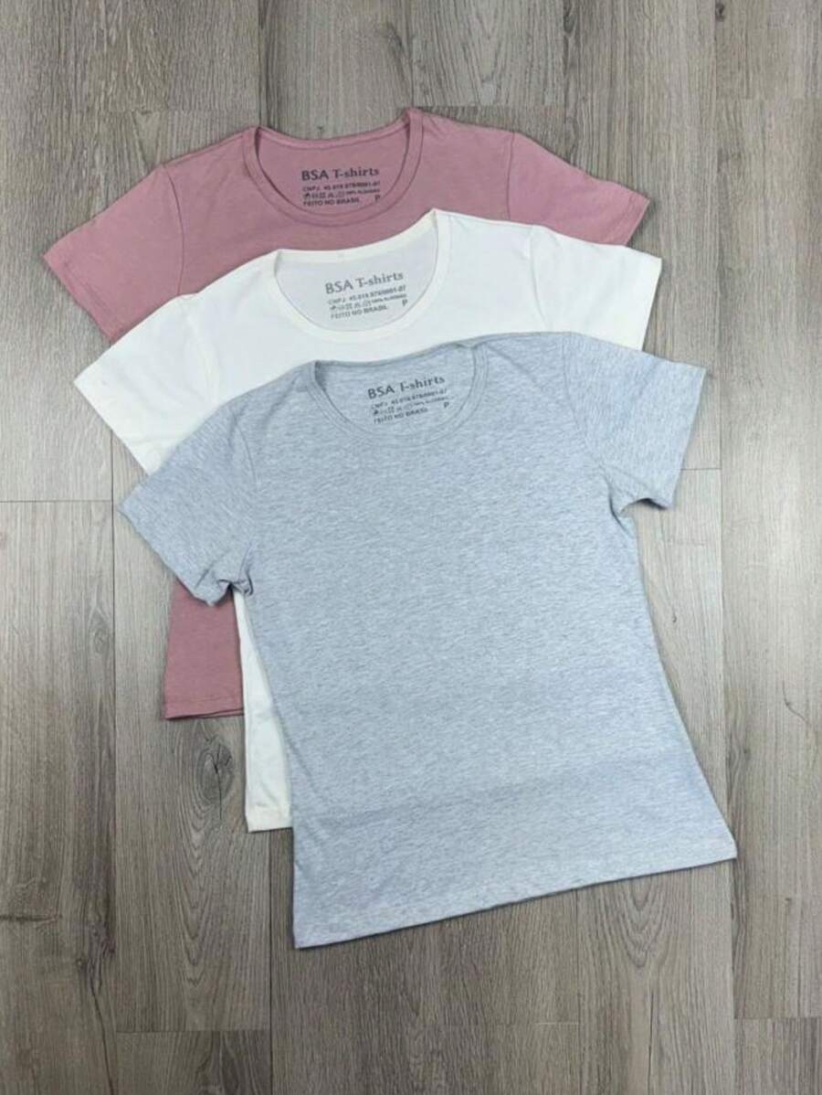 Kit 3 Basic Plain Women's T-Shirt 100% Cotton T-Shirt Blouse - 彩色 - 查看 1