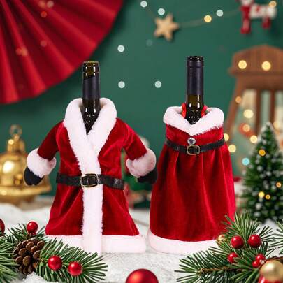 1 pieza/2 piezas Funda para botella de vino de Navidad, Bolsa para botella de vino con vestido navideño creativo, Decoraciones para ambiente navideño, Decoraciones para fiestas temáticas, Decoración de mesa de cocina y comedor para el hogar, Adecuado para decoración del hogar, decoración de fiestas, decoración de rancho, decoración de escenarios, decoración de restaurantes, Navidad