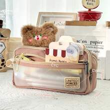 Double Layer Portable Transparent Pen Case Pen Bag Square Color Stationery Storage Bag - 棕色 - 查看 1