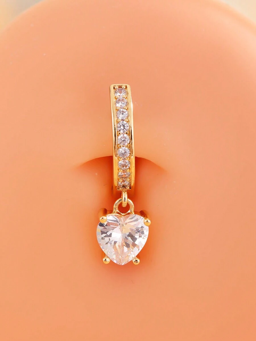 1pc Heart Zirconia Paved Reverse Navel Ring Valentines,Mom,Mother,Mother's Day,Gift - Yellow Gold - View 1